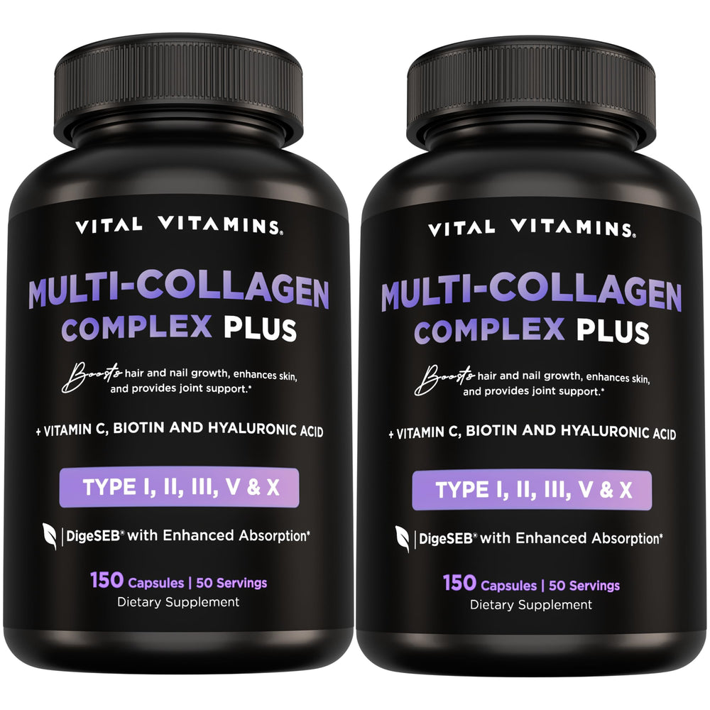 Vital Vitamins Multi Collagen Plus bottle front for skin, hair, and nails support.