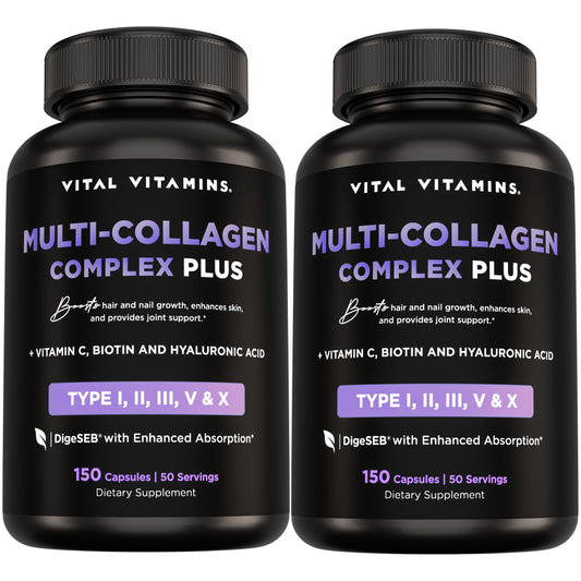 Vital Vitamins Multi Collagen Plus bottle front for skin, hair, and nails support.