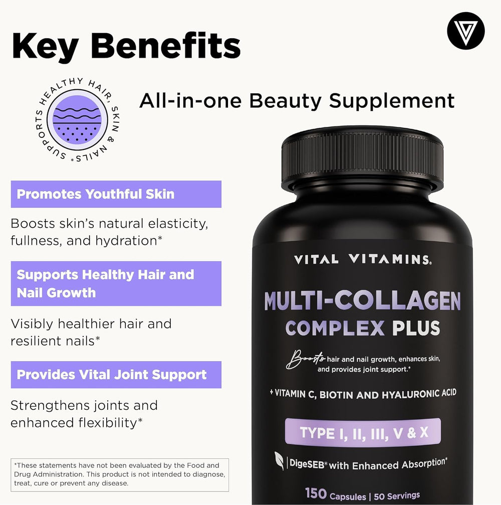 Vital Vitamins Multi Collagen Plus capsules in hand suggest an easy daily wellness ritual.