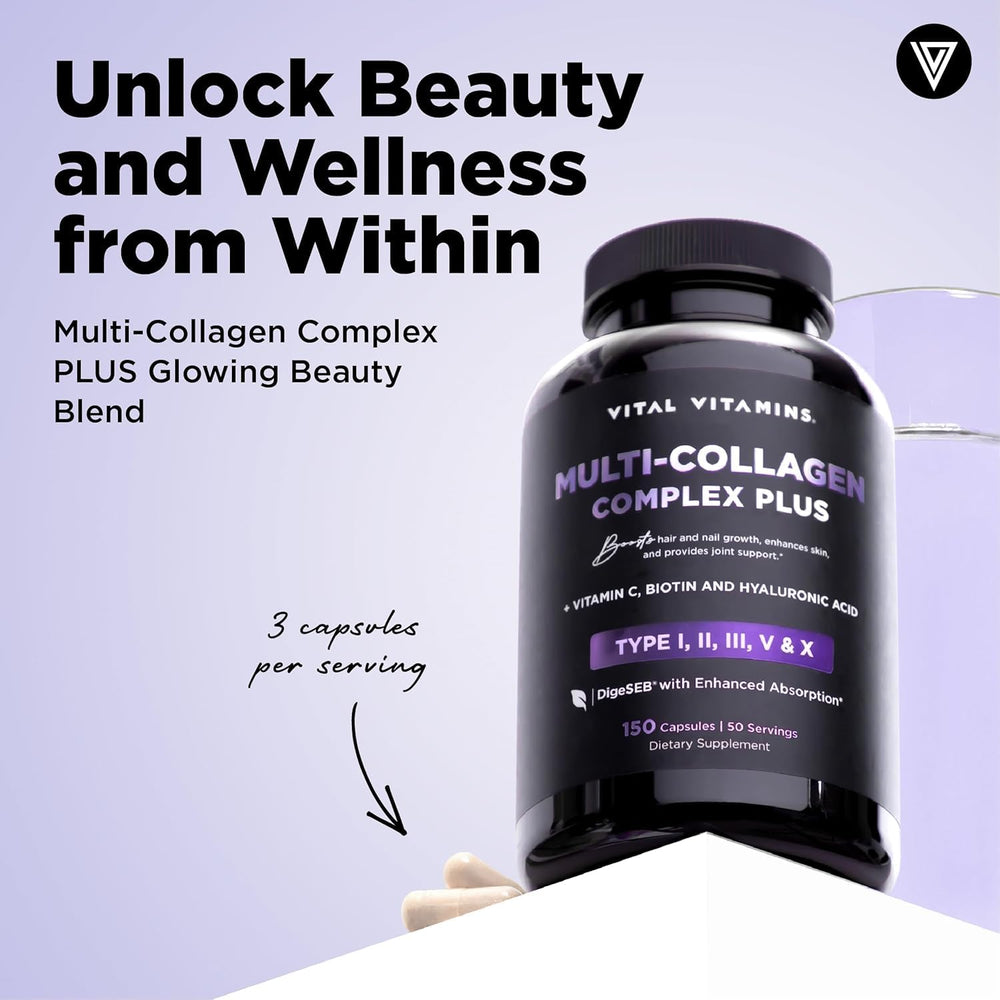 Vital Vitamins Multi Collagen Plus capsules closeup highlights daily capsule format for convenience.