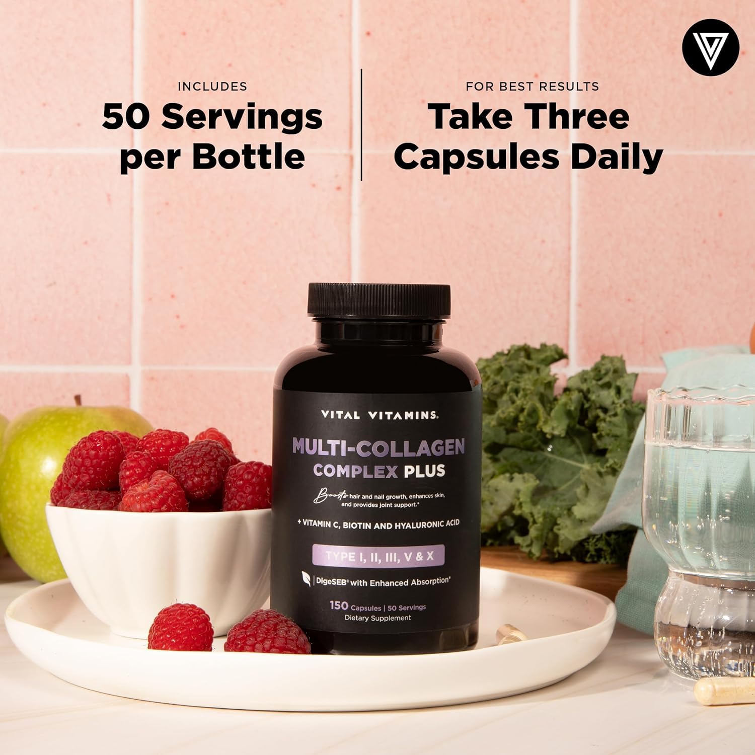Vital Vitamins Multi Collagen Plus capsule pack on desk evokes a simple daily routine.