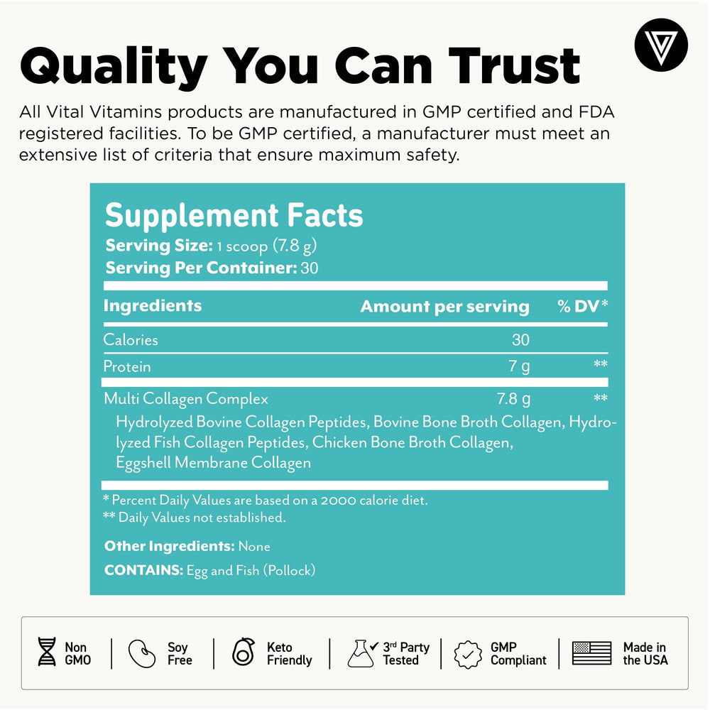 Vital Vitamins packaging with non-GMO and soy-free certification badge.
