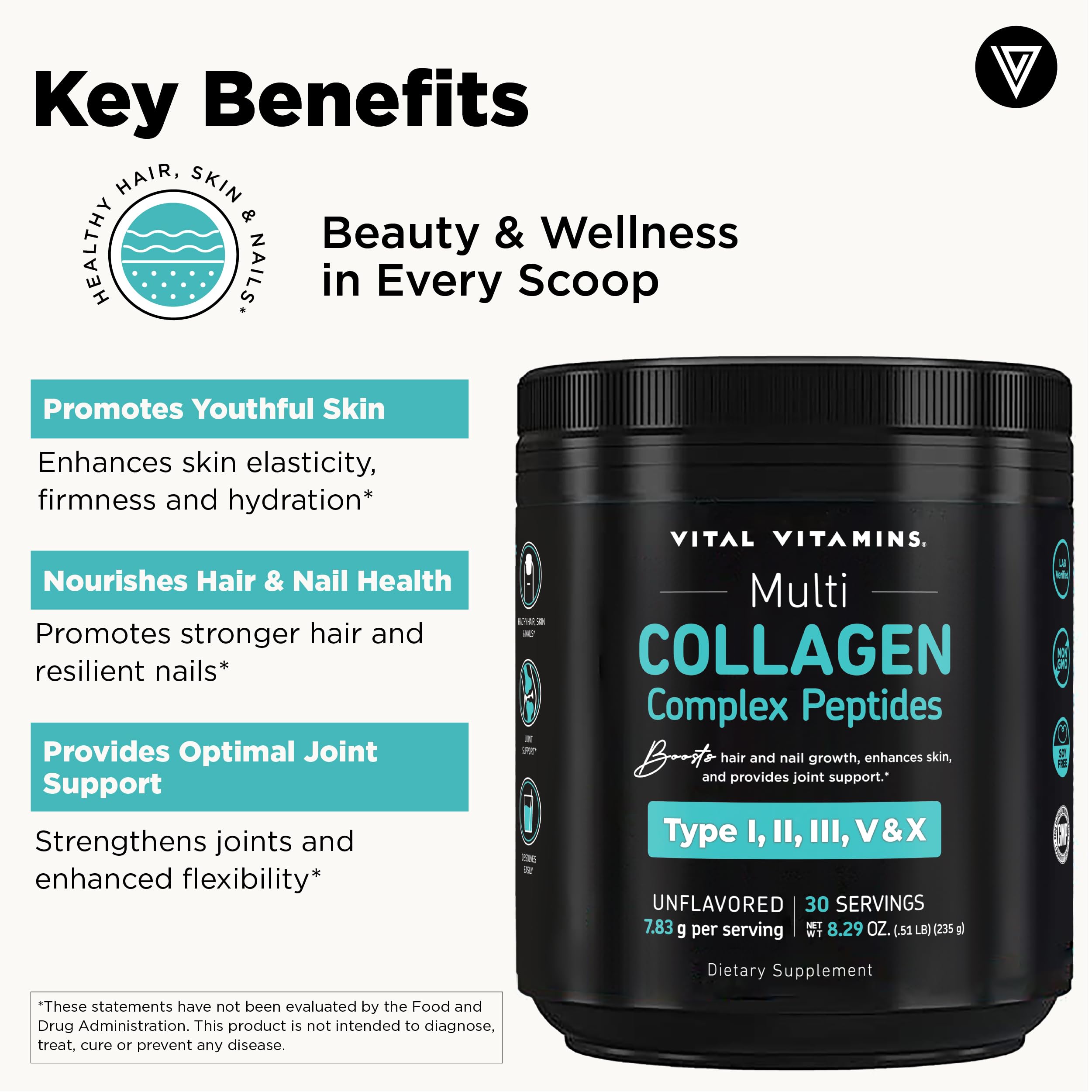 Vital Vitamins collagen powder scoop for easy, measured daily servings.