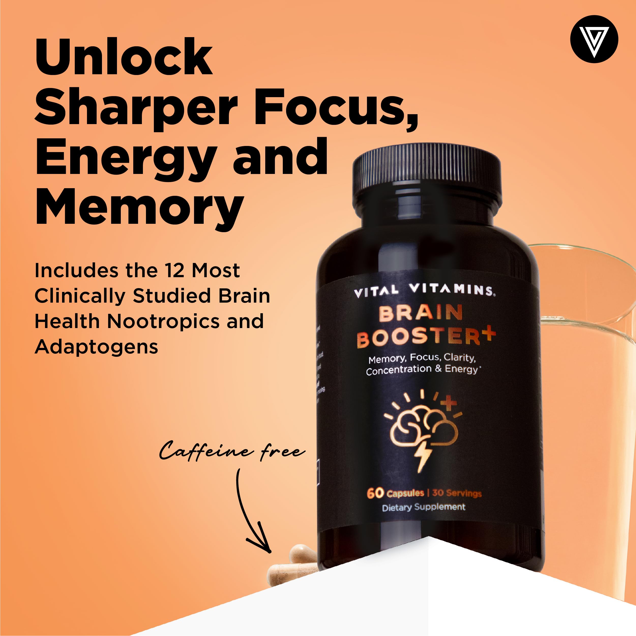Vital Vitamins Nootropic Brain Supplement Plus bottle side view for premium formula