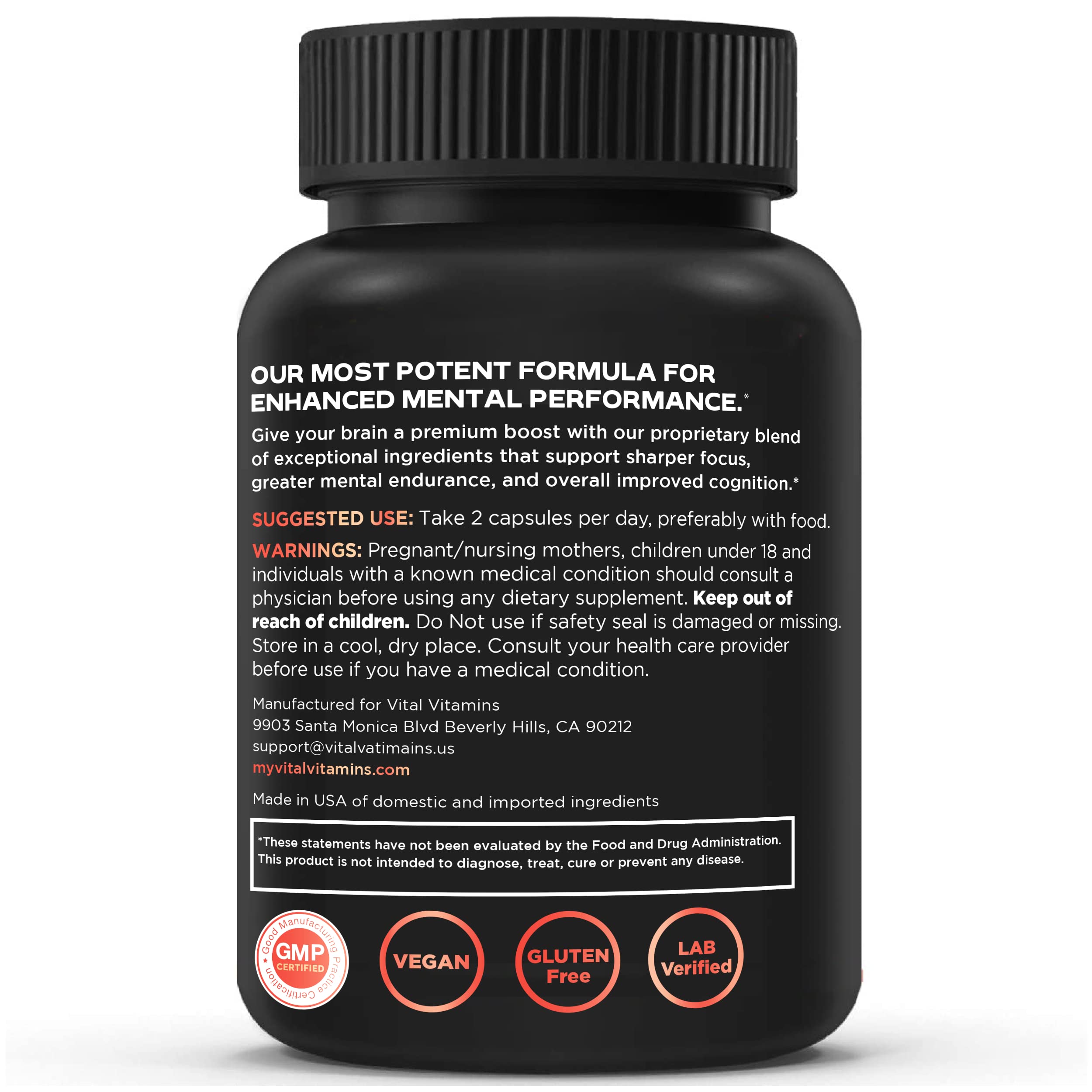 Vital Vitamins daily-use scene with bottle and notes for routine brain care