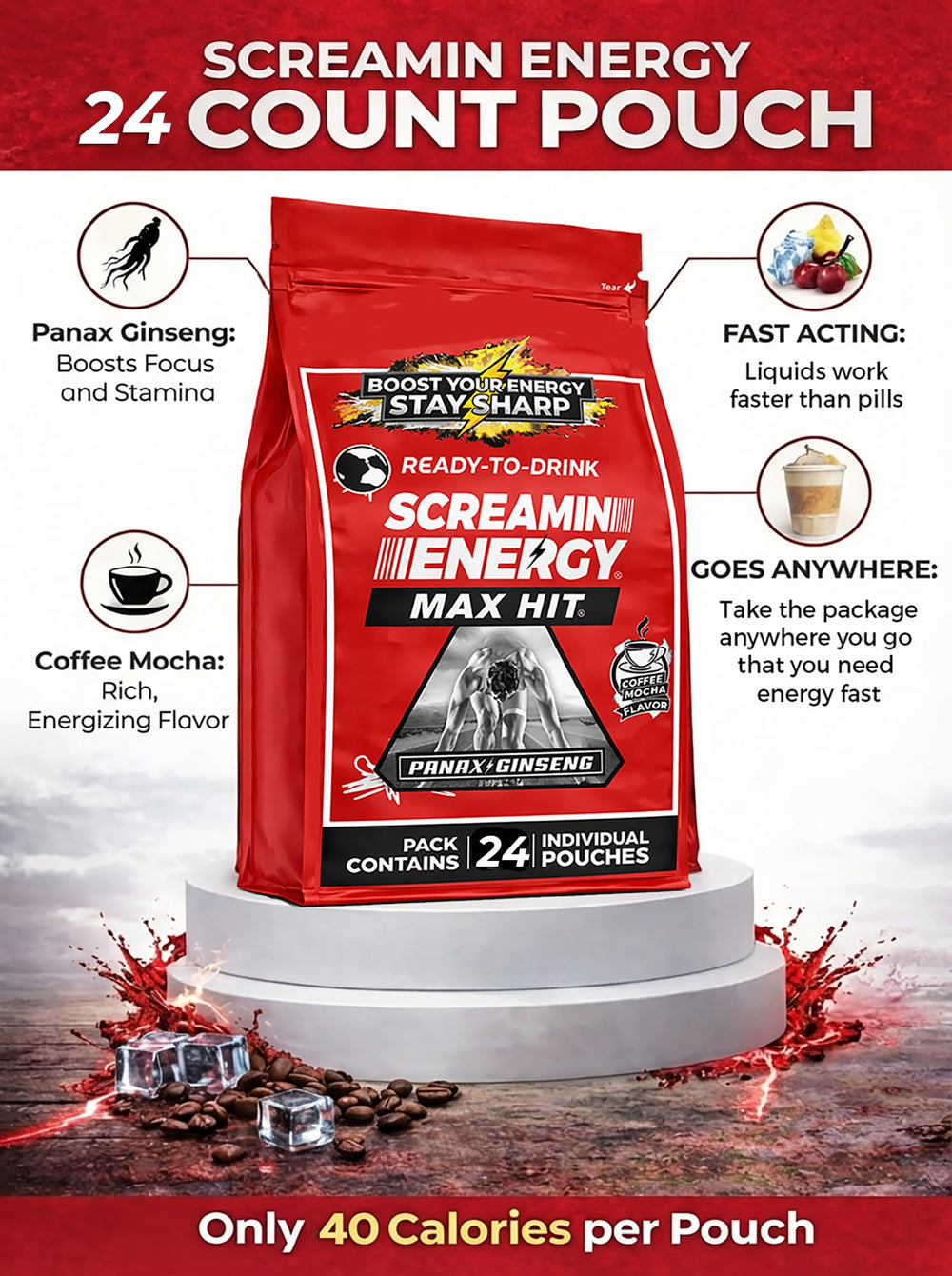 VITAL 4U Screamin Energy Max Hit 24-count packaging shown for bulk purchases.