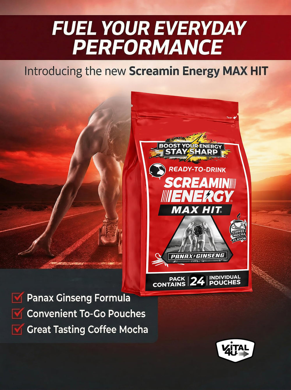 VITAL 4U Screamin Energy Max Hit B vitamins graphic signaling daily nutrient support.