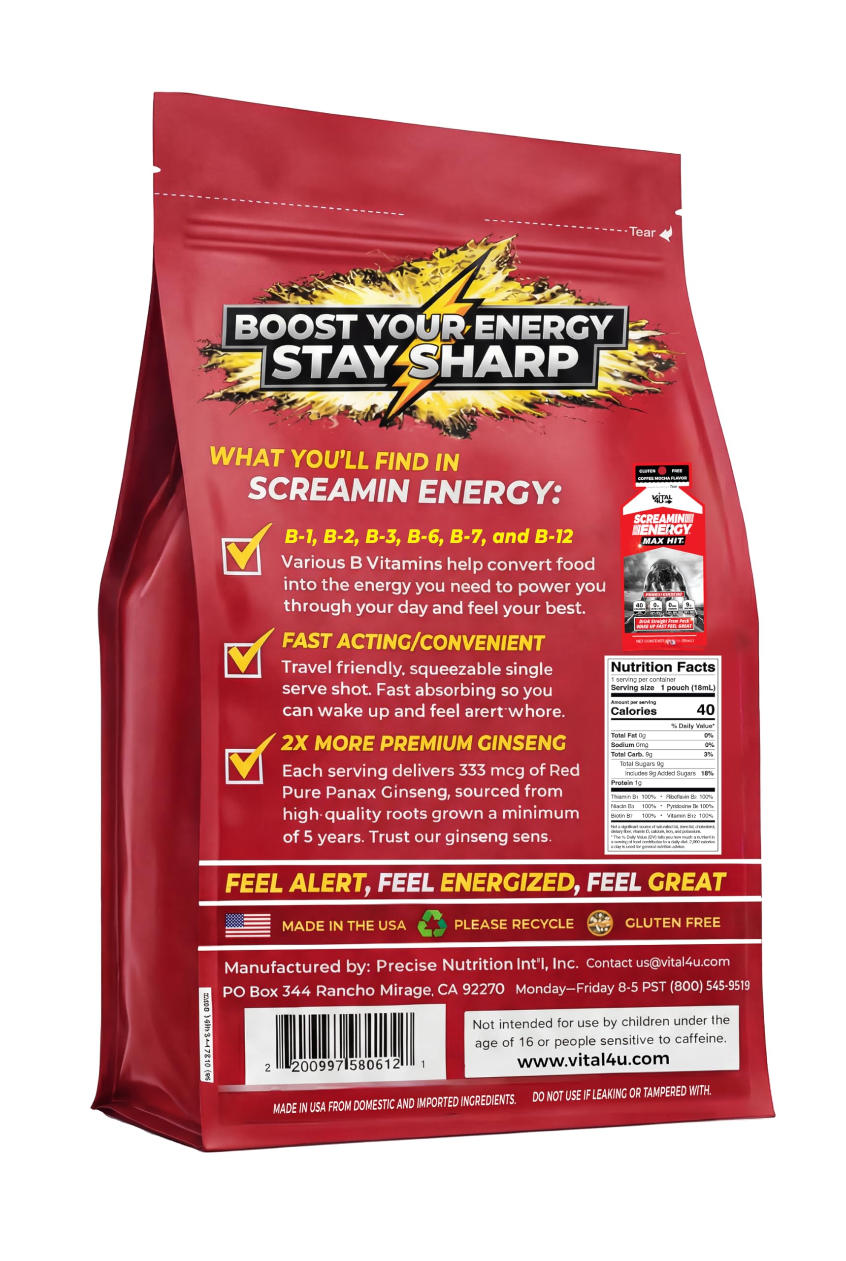 VITAL 4U Screamin Energy Max Hit caffeine content emphasized for quick energy cues.