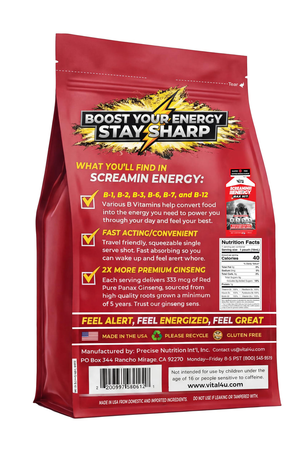 VITAL 4U Screamin Energy Max Hit caffeine content emphasized for quick energy cues.