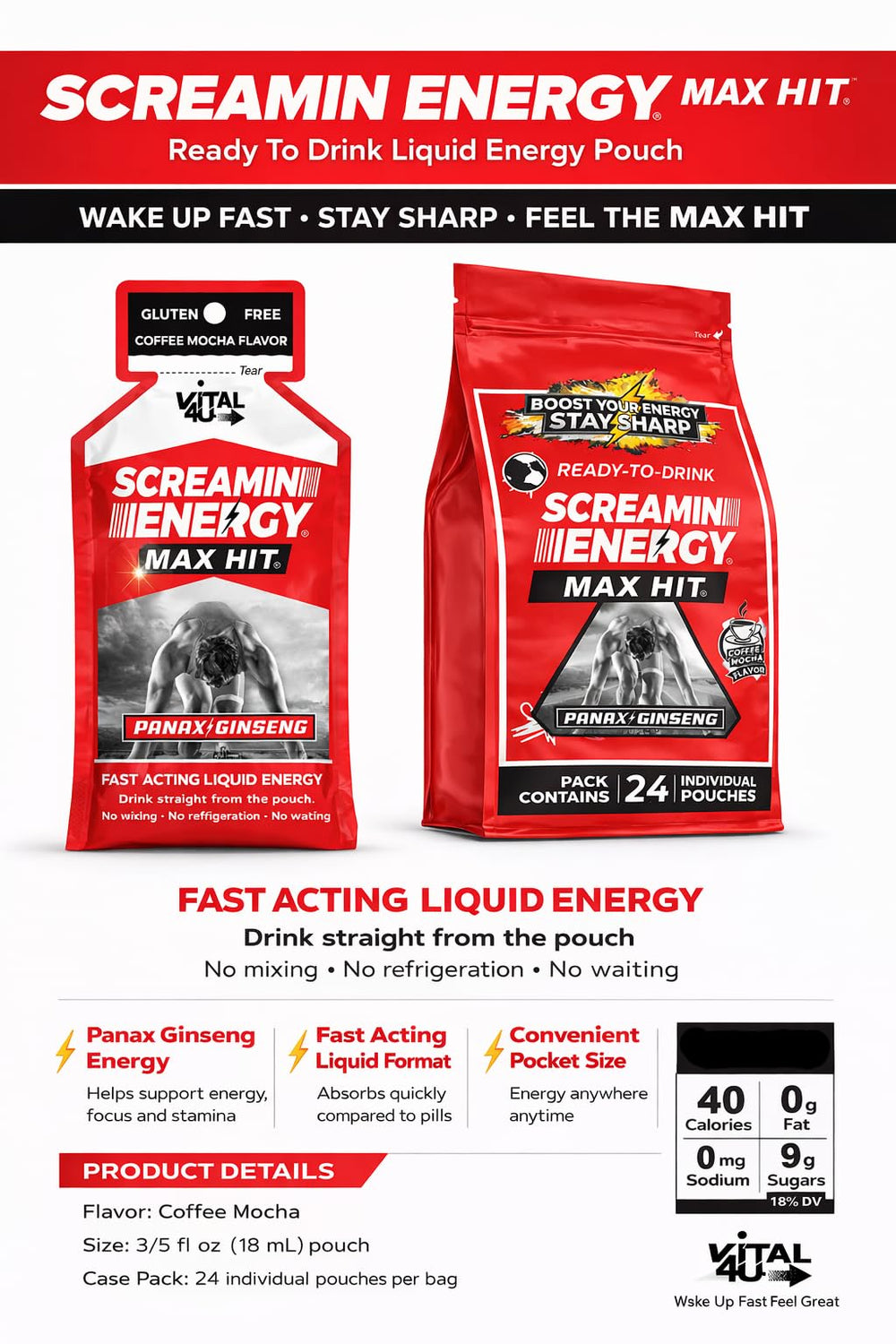 VITAL 4U Screamin Energy Max Hit coffee mocha flavor ready for a refreshing pick-me-up.