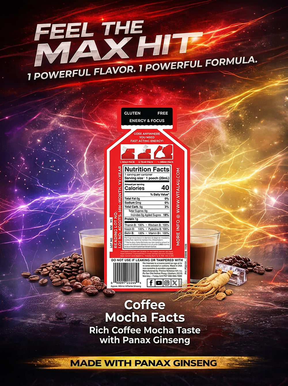 VITAL 4U Screamin Energy Max Hit label closeup highlights caffeine and vitamin blend.