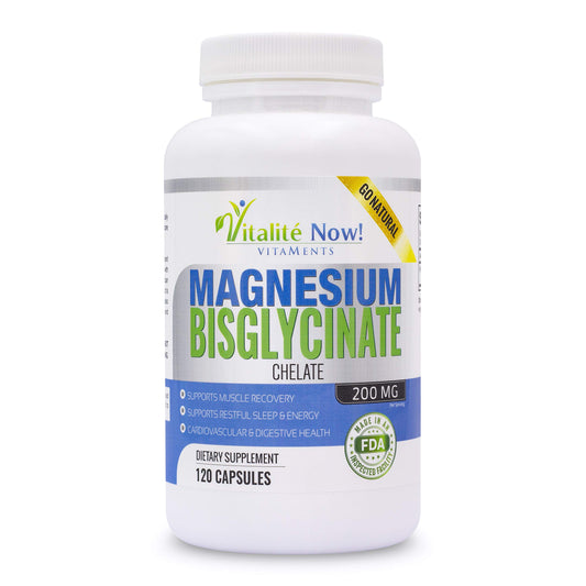 Vitalité Now magnesium bisglycinate bottle shows high bioavailability.
