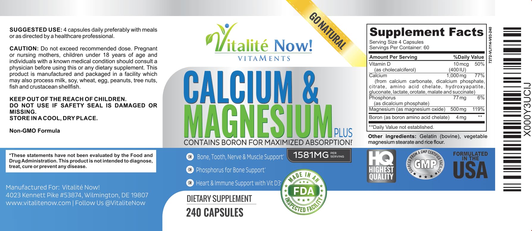 Vitalité Now vitamin D 400 IU label emphasizing absorption support