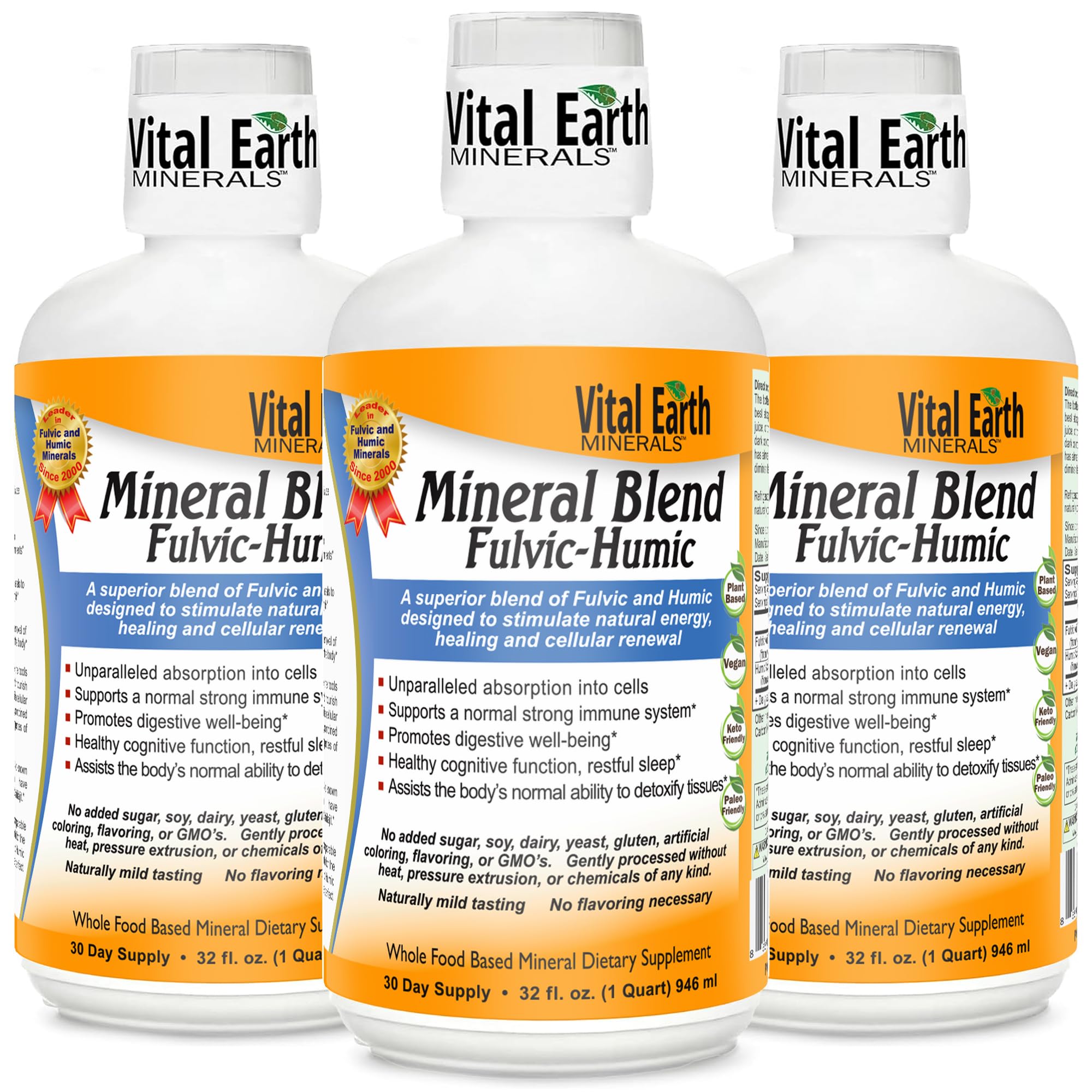 Vital Earth Minerals fulvic-humic liquid bottle pour shows mineral blend for energy support