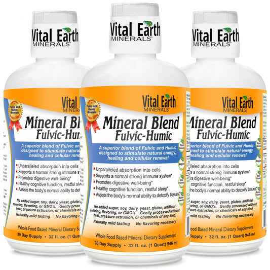 Vital Earth Minerals fulvic-humic liquid bottle pour shows mineral blend for energy support