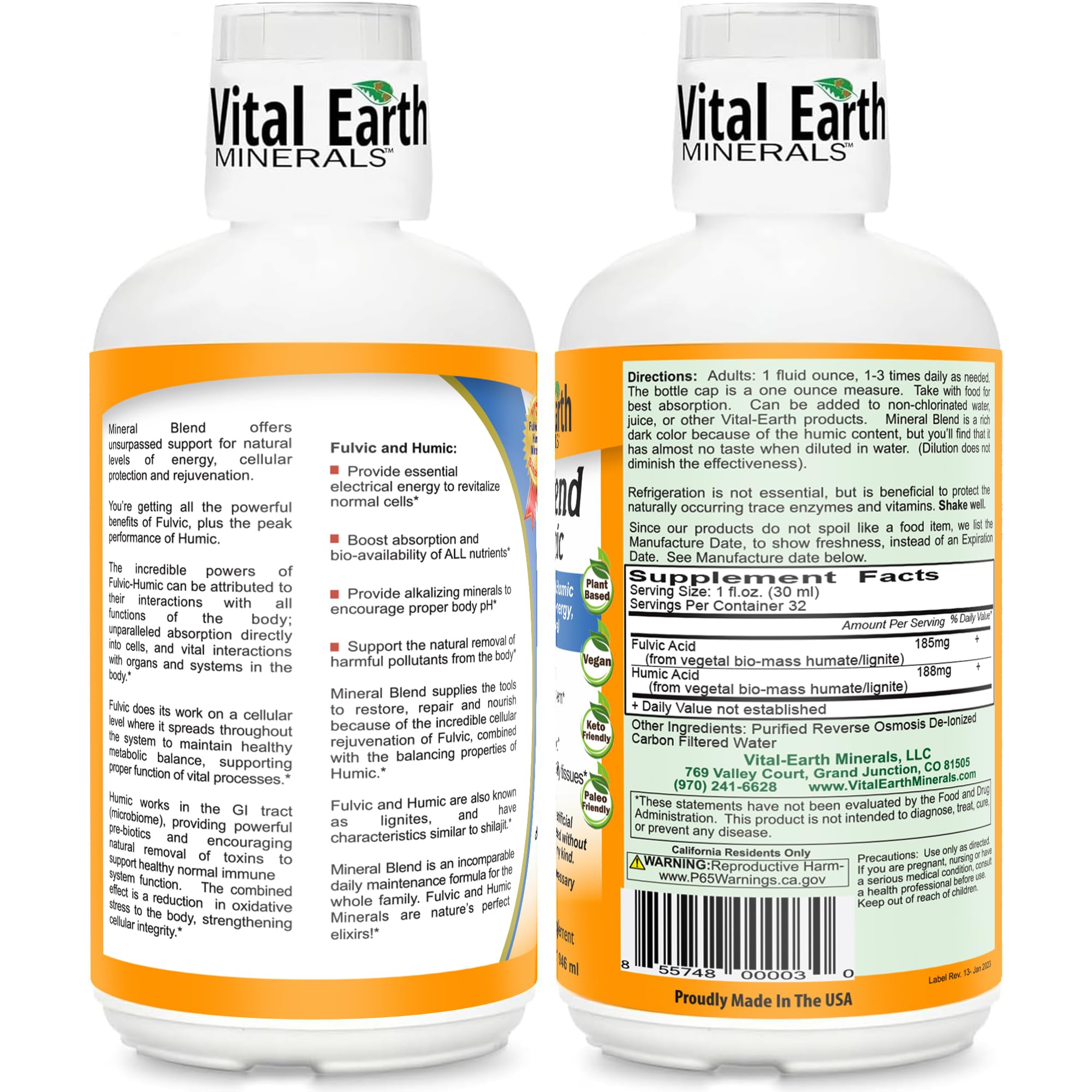 Vital Earth Minerals label close-up highlights 70+ trace minerals and neutral taste