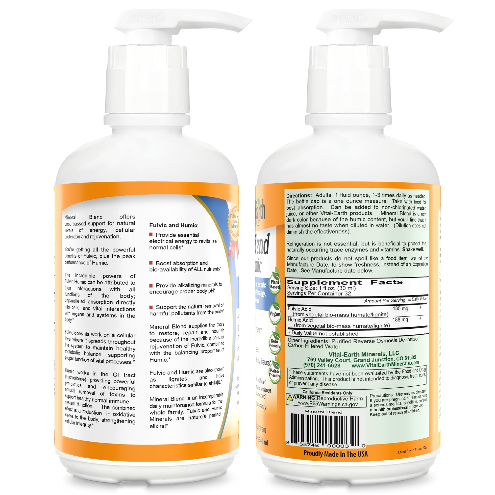 Front label view of Vital Earth Minerals fulvic humic liquid for easy access.