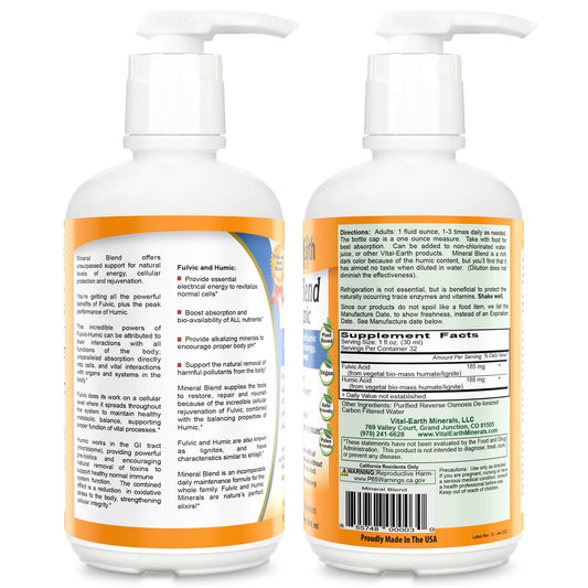 Front label view of Vital Earth Minerals fulvic humic liquid for easy access.