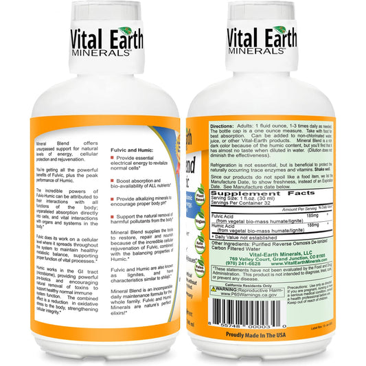 Vital Earth Minerals label close-up highlights 70+ trace minerals and neutral taste