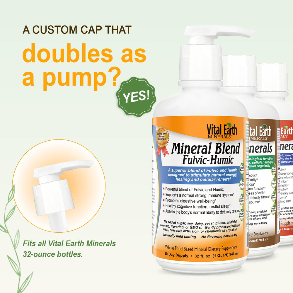 Close-up pour spout on Vital Earth Minerals bottle for convenient dispensing.