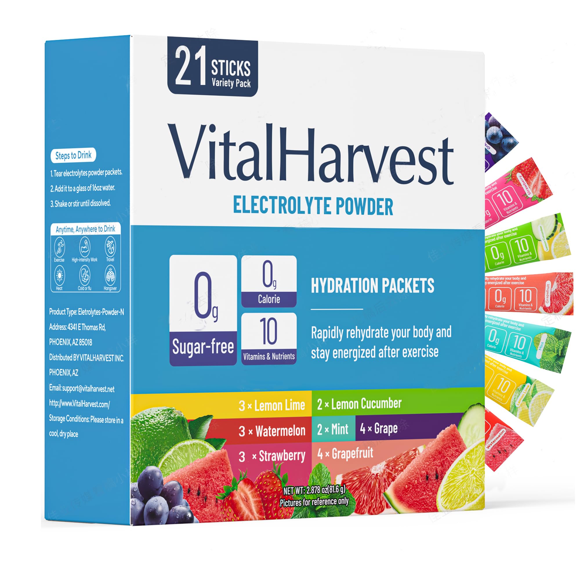VitalHarvest electrolyte packets in packaging for on-the-go hydration