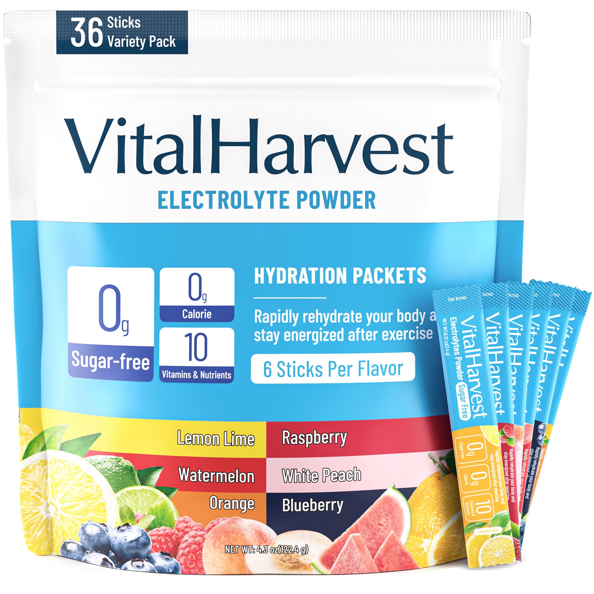 VitalHarvest 36 sticks electrolyte powder in lemon-lime for quick hydration