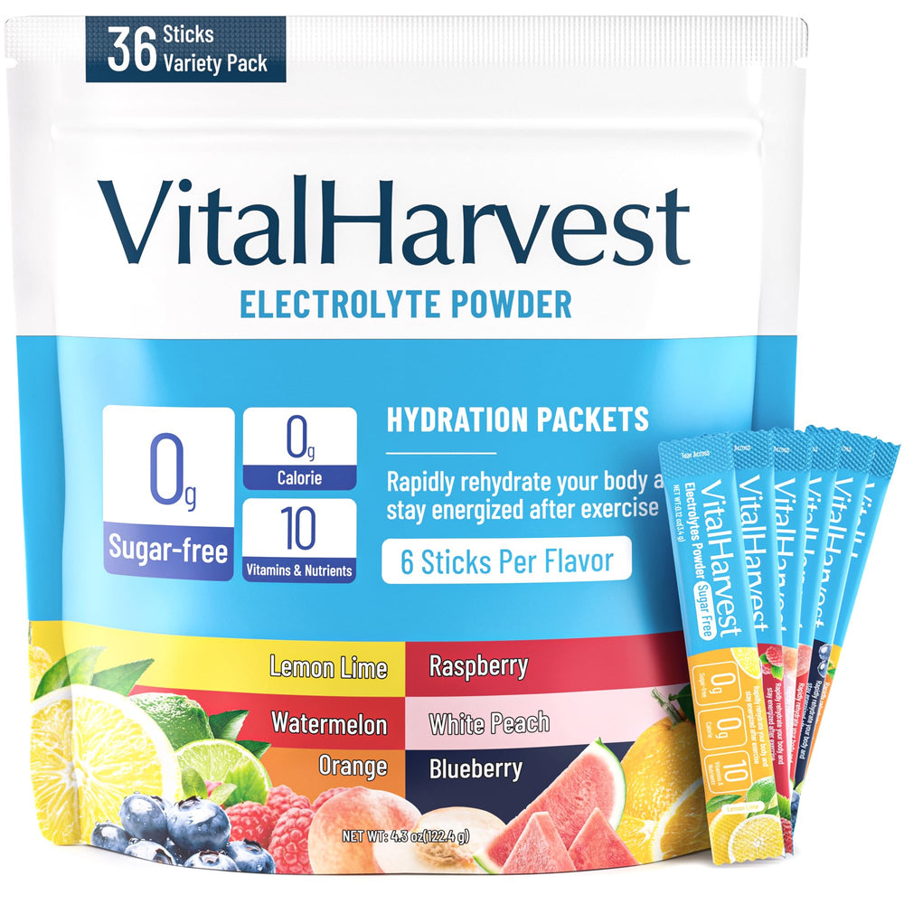 VitalHarvest 36 sticks electrolyte powder in lemon-lime for quick hydration