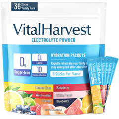 VitalHarvest 36 sticks electrolyte powder in lemon-lime for quick hydration