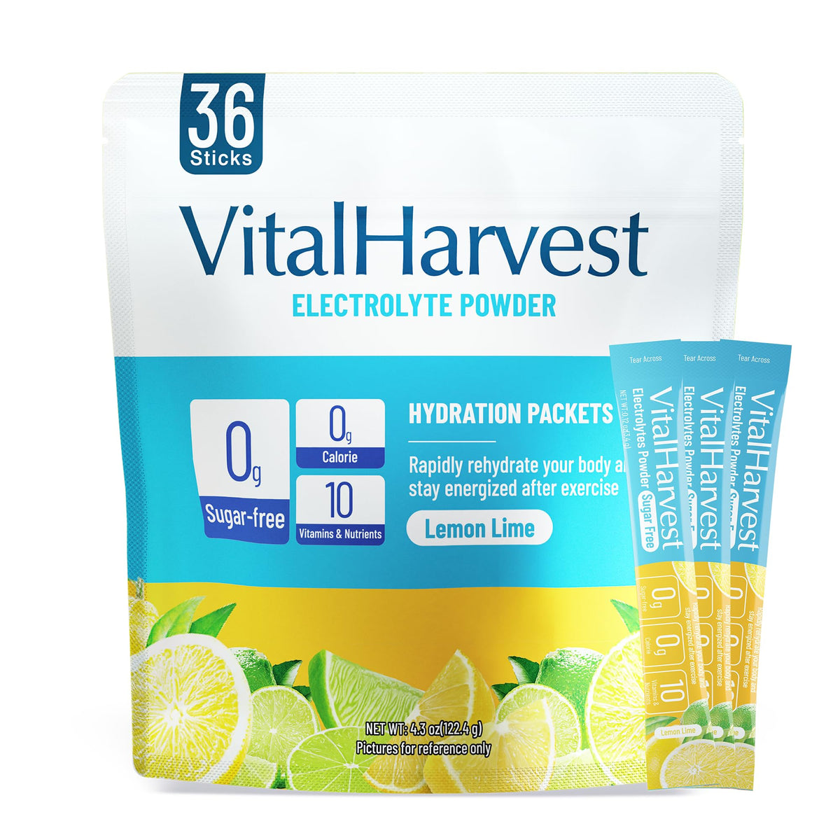 VitalHarvest lemon-lime hydration sticks for fast electrolyte replenishment