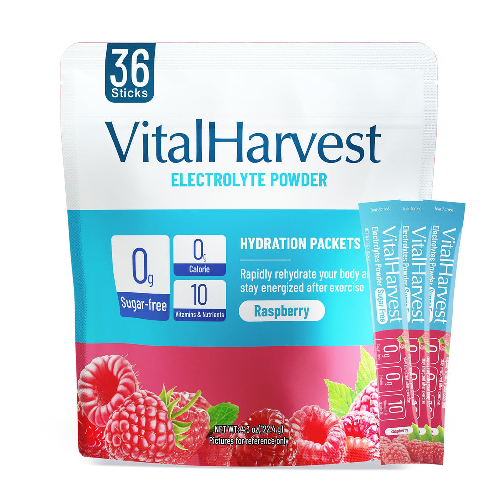 VitalHarvest 36 sticks raspberry electrolyte packets for quick hydration.