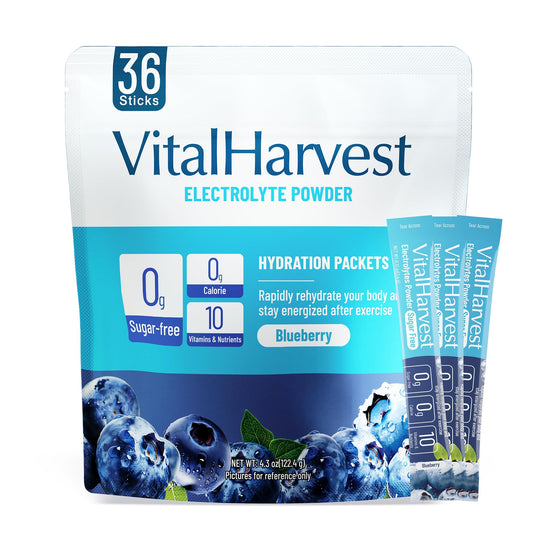 VitalHarvest blueberry electrolyte packet for fast hydration during workouts.