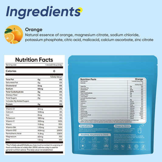VitalHarvest orange electrolyte powder close-up highlighting minerals and flavor