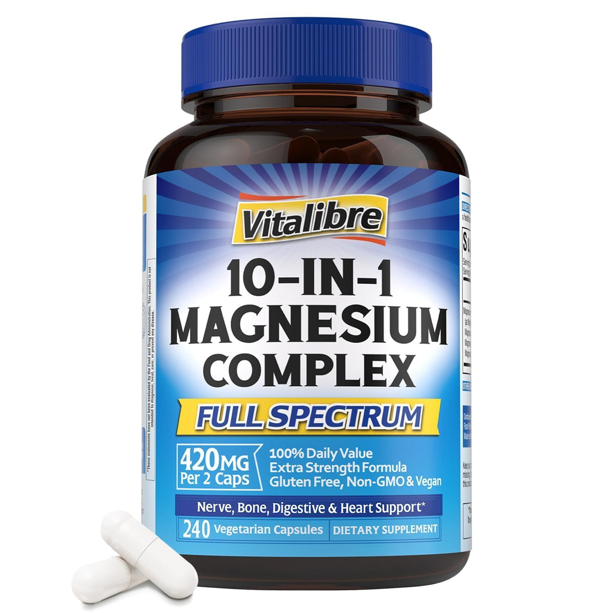 Vitalibre 10-in-1 magnesium complex bottle on display for daily wellness.