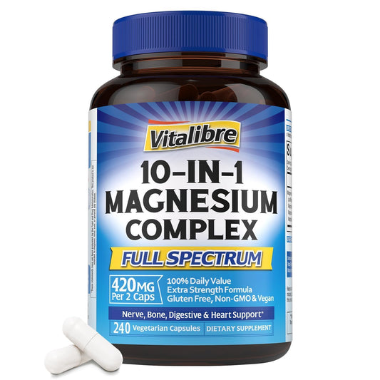 Vitalibre 10-in-1 magnesium complex bottle on display for daily wellness.