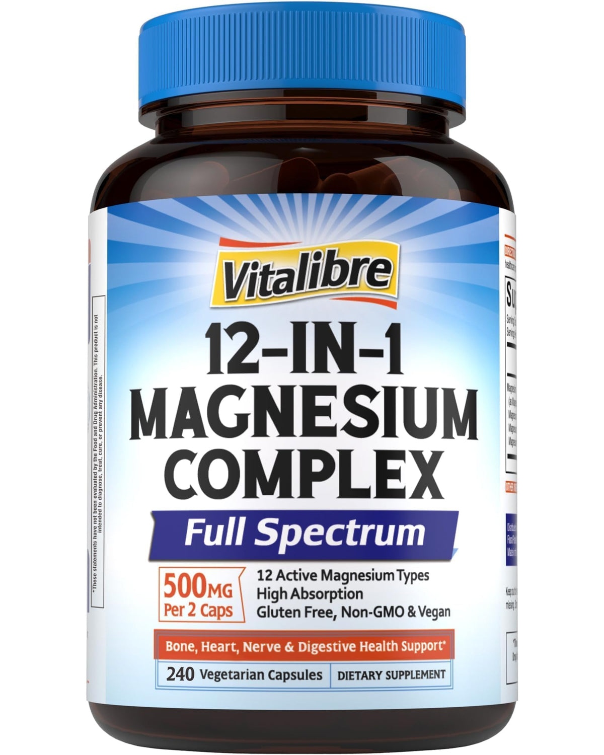 Vitalibre 12in1 magnesium bottle shows a high-potency formula for daily wellness.