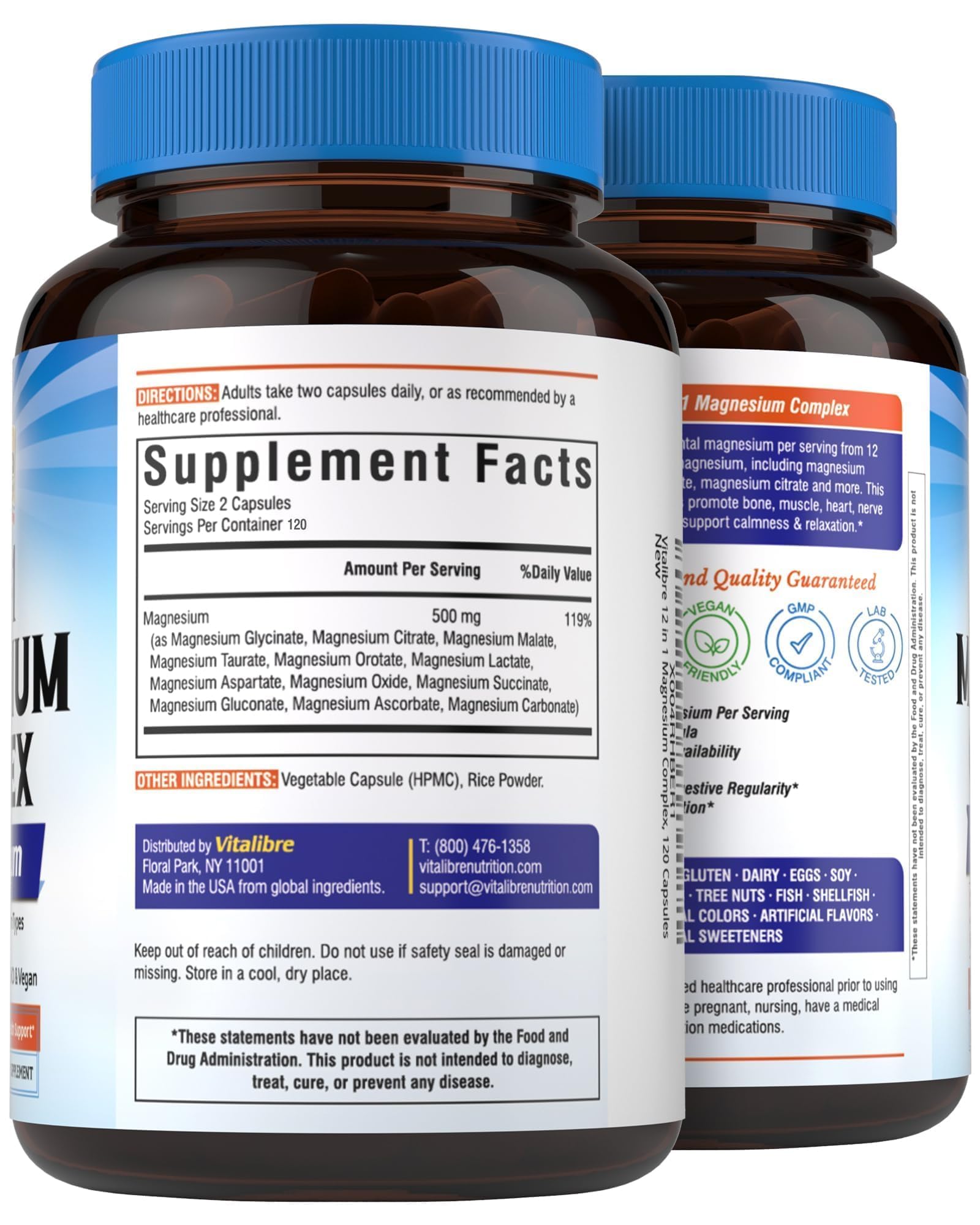 Vitalibre 12in1 magnesium vegan non-GMO formula promotes clean daily nutrition.