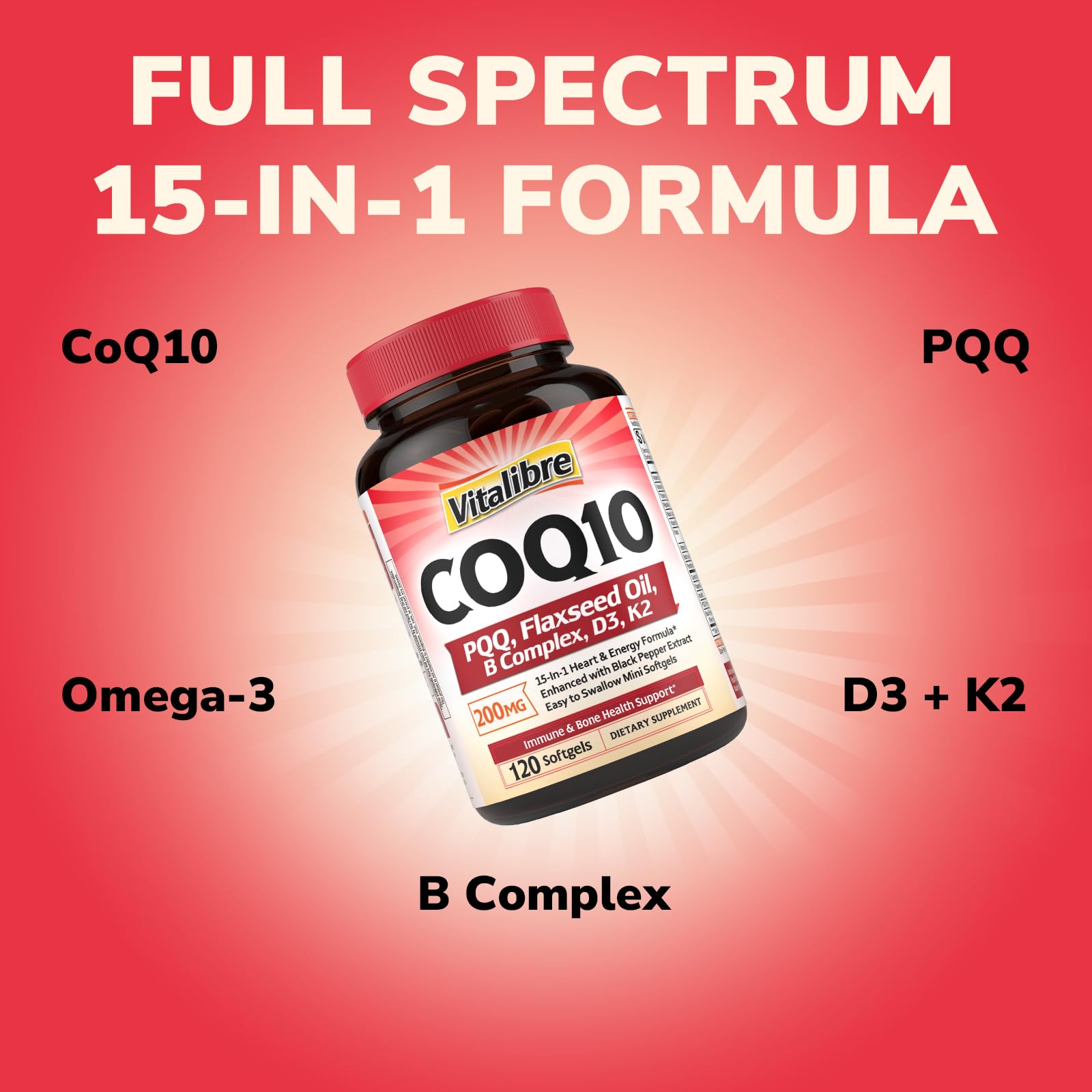 Vitalibre CoQ10 ingredients visualization with PQQ and B vitamins for vitality