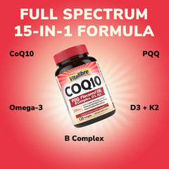 Vitalibre CoQ10 ingredients visualization with PQQ and B vitamins for vitality