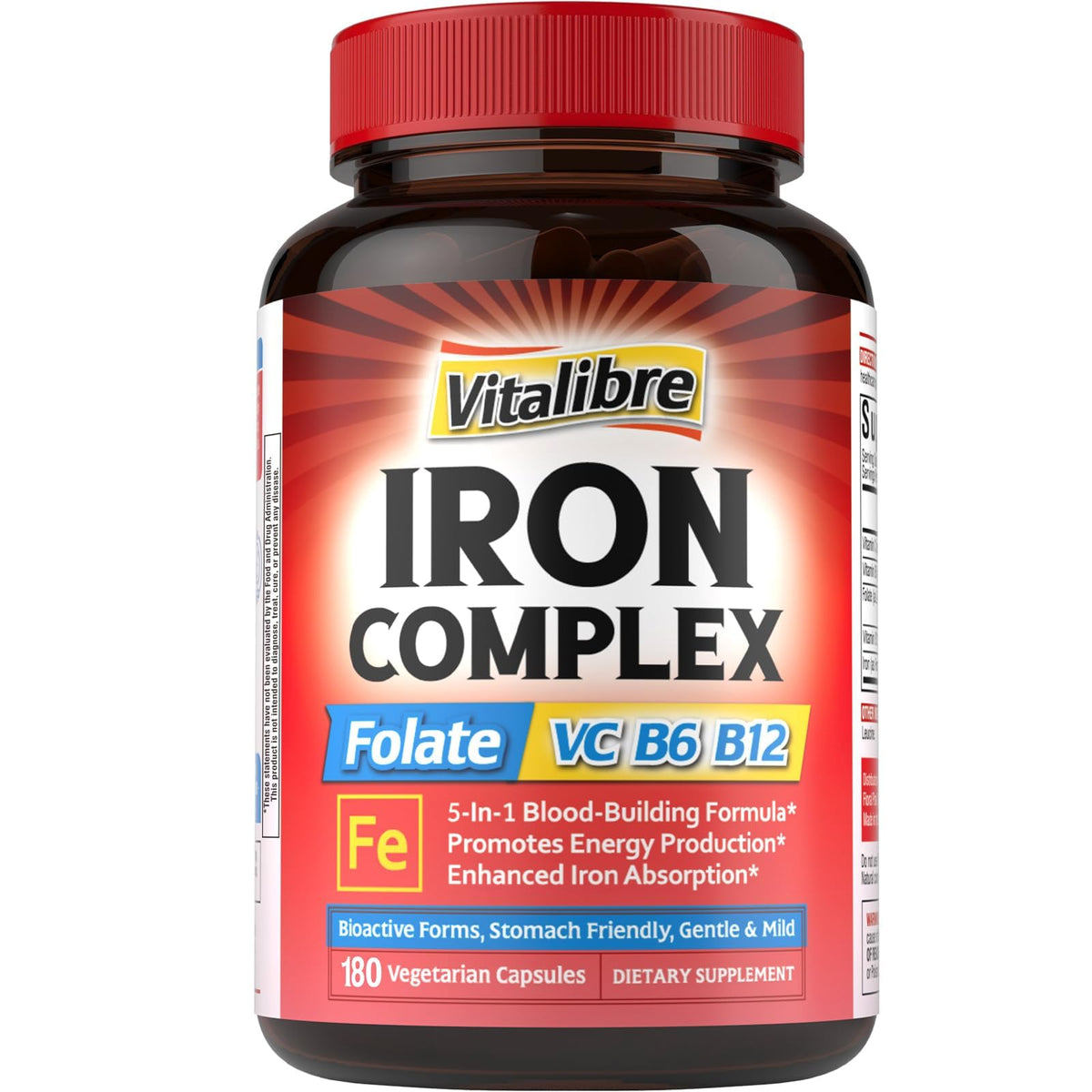 Vitalibre Iron Complex bottle showing gentle iron for daily energy support.