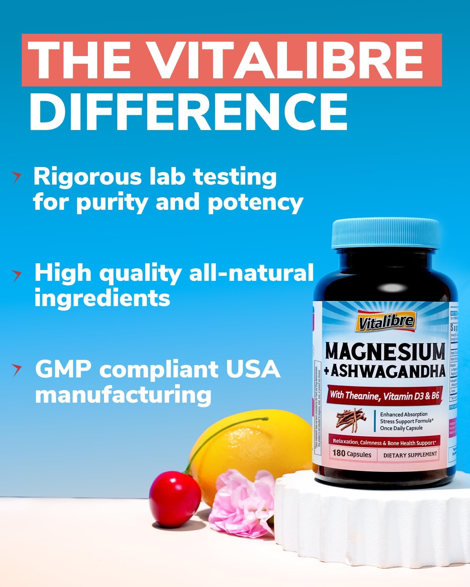9 in 1 stress support label on Vitalibre Magnesium Complex packaging