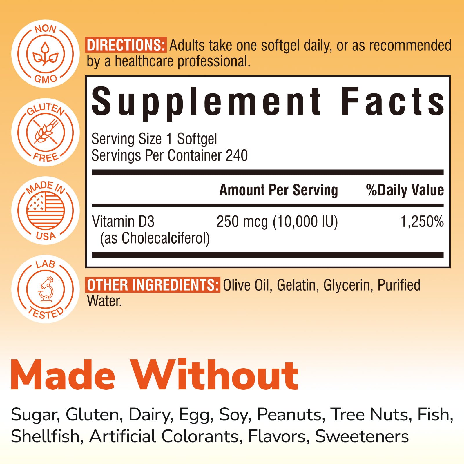 Vitalibre Max-Strength Vitamin D3 softgel bottle closeup displaying olive oil carrier.