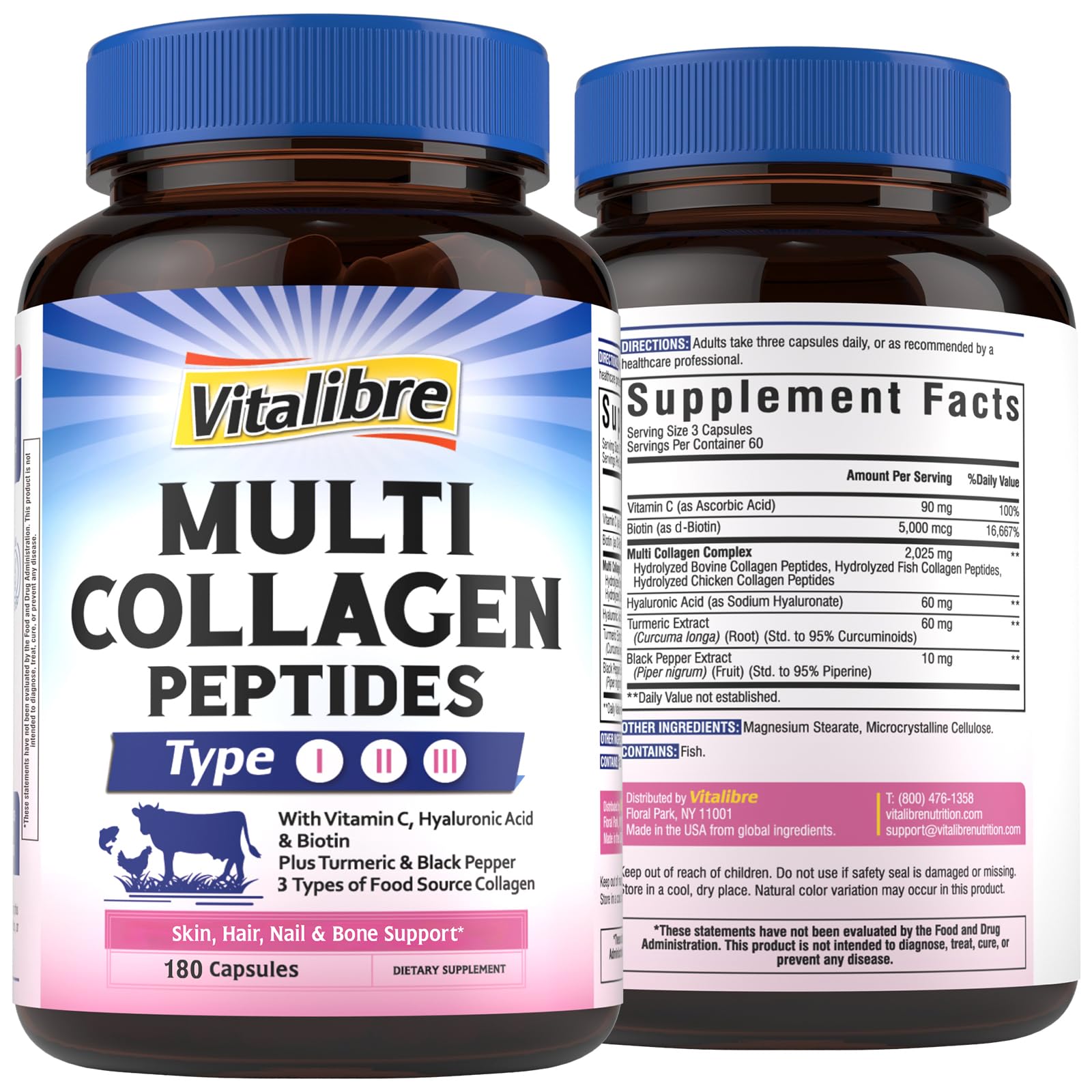 Vitalibre Multi Collagen Peptides bottle with capsules for skin, hair, nails, and mobility