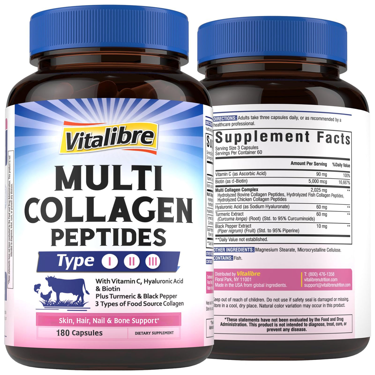 Vitalibre Multi Collagen Peptides bottle with capsules for skin, hair, nails, and mobility