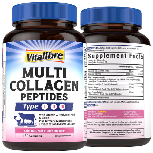 Vitalibre Multi Collagen Peptides bottle with capsules for skin, hair, nails, and mobility