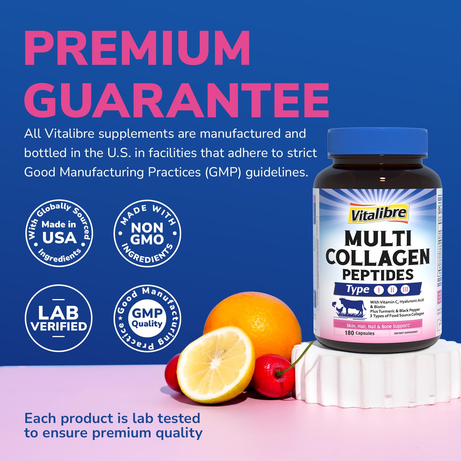 Vitalibre GMP manufacturing label indicating non-GMO and strict quality standards