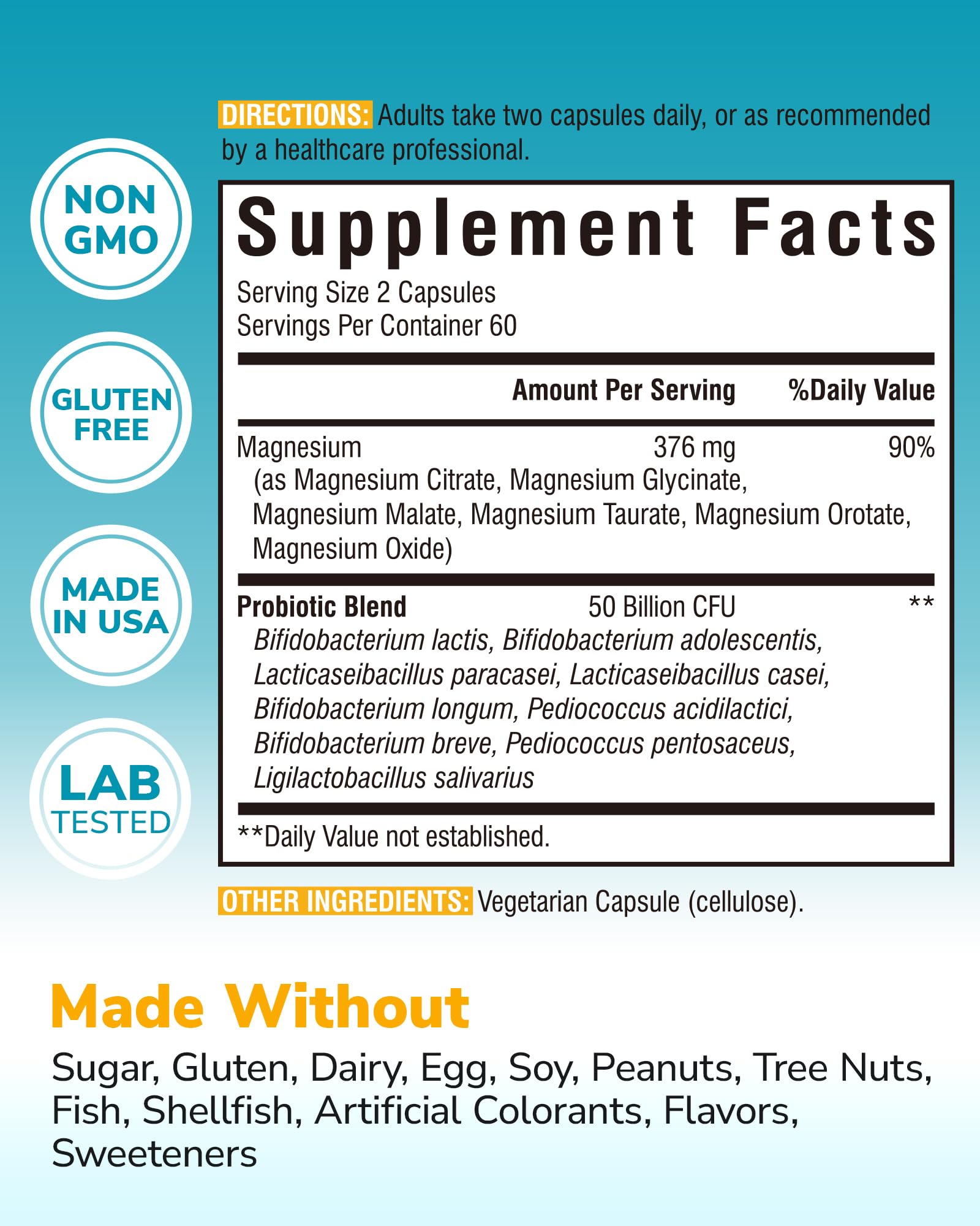 Vitalibre Probiotic with Magnesium bottle back highlights supplement facts and ingredients.