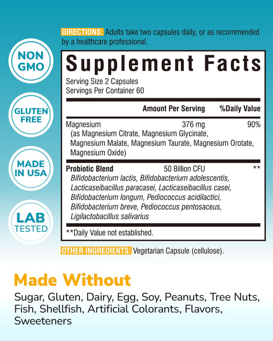 Vitalibre Probiotic with Magnesium bottle back highlights supplement facts and ingredients.