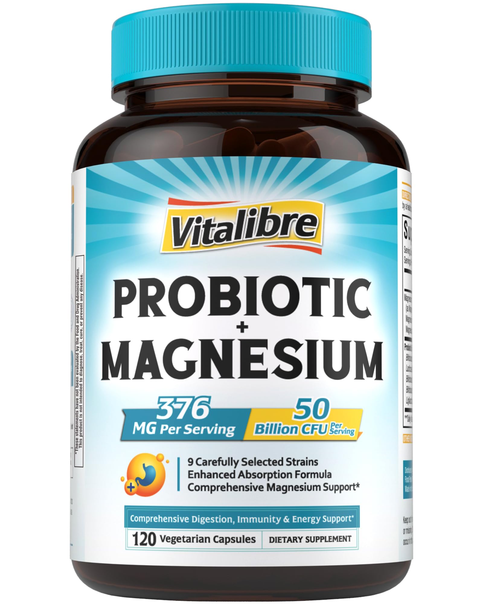 Vitalibre Probiotic with Magnesium bottle front shows 120 vegan capsules for daily digestive support.