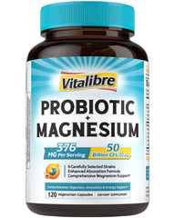 Vitalibre Probiotic with Magnesium bottle front shows 120 vegan capsules for daily digestive support.