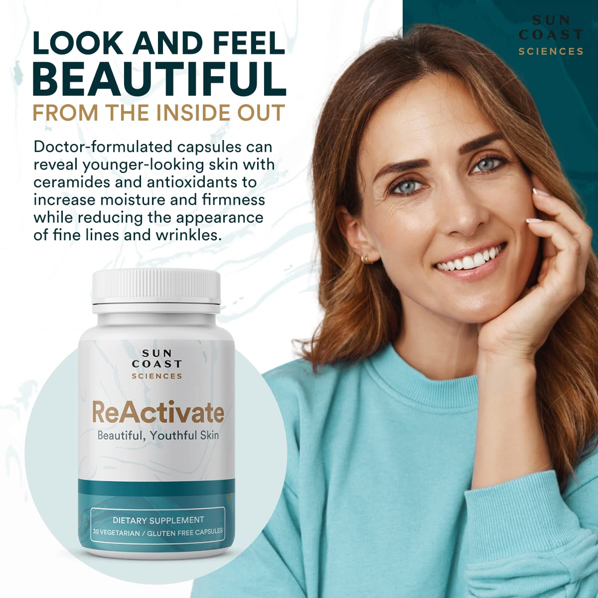 Vitalifi ReActivate capsules close-up highlighting convenient daily dose for skin nourishment.